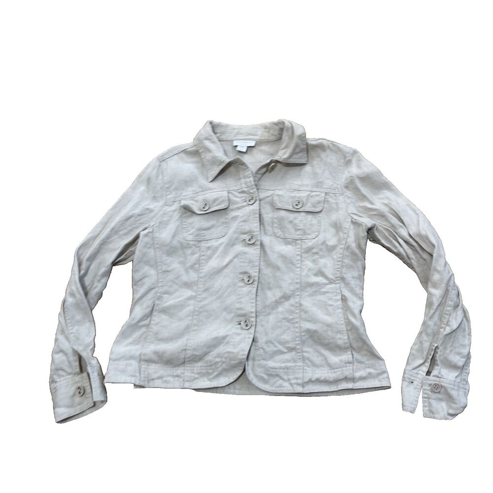 Charter Club Petite 100% Linen Shacket Womens PM M Shirt Jacket Beige Grunge*